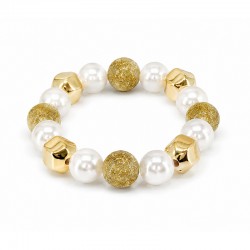 Bracelet with White Pearls, Gold Cubes & Textured Spheres