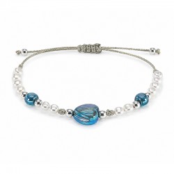 Bracelet with Pearls & Blue Glass Heart on Silver Cord