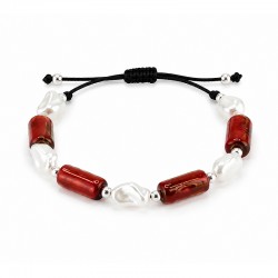 Bracelet with Pearls & Red Ceramic Cylinder Beads