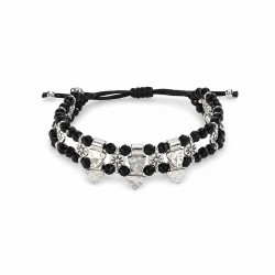 Bracelet with Black Beads, Silver Flowers & Triangle Charms