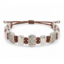 Bracelet with Tribal-Etched Silver Accents & Brown Beads