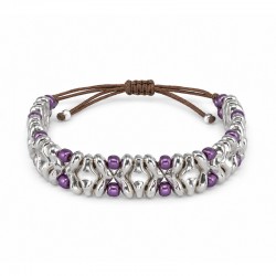 Macramé Bracelet with Silver Geometric Links & Purple Beads