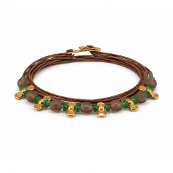 Multi-Cord Bracelet with Green Glass & Matte Brown Beads