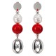 Drop Earrings with Silver Discs, White Pearl & Red Bead