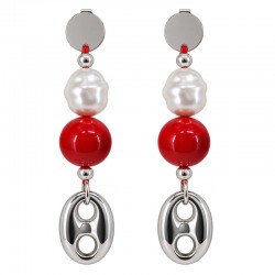 Drop Earrings with Silver Discs, White Pearl & Red Bead