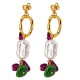 Gold Earrings with Hammered Hoop, Pearl & Purple-Green Chips