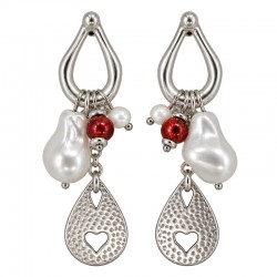 Silver-Tone Earrings with Pearl & Heart-Motif Teardrop