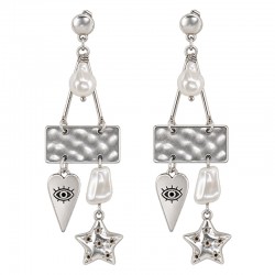 Silver Earrings with Pearls, Star & Enamel Evil Eye Charm