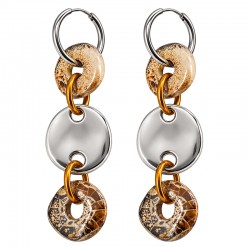 Silver Hoop Earrings with Brown Ceramic Discs