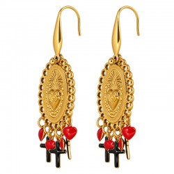 Gold Earrings with Sacred Heart Medallion & Cross Charms