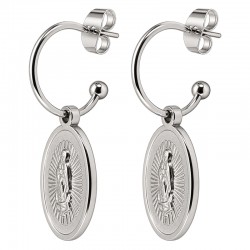 Silver Hoop Earrings with Engraved Virgin Mary Medallion