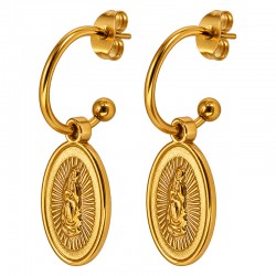Gold Hoop Earrings with Engraved Virgin Mary Medallion