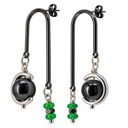 Drop Earrings with Black U-shaped Metal Frame & Dark Beads