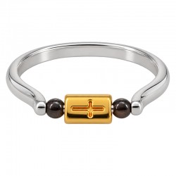 Silver Ring with Embossed Gold Cross & Brown Beads
