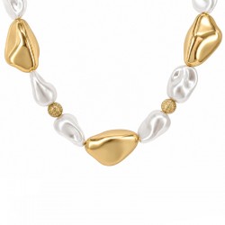 Gold Necklace with Irregular Acrylic Beads & Pearls