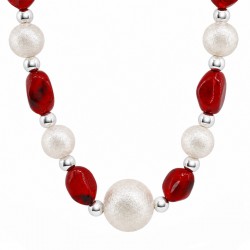 Necklace with Red Beads, Pearls & Silver Accents on Red Cord