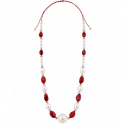 Necklace with Red Beads, Pearls & Silver Accents on Red Cord