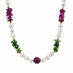 Necklace with Green & Fuchsia Chip Beads on Olive Cord