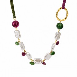 Necklace with Pearls, Fuchsia-Green Beads & Gold Ring