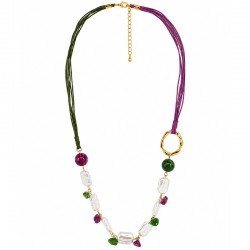 Necklace with Pearls, Fuchsia-Green Beads & Gold Ring