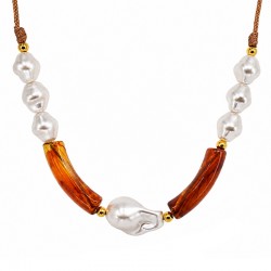 Necklace with Baroque Pearls & Amber Tubes on Brown Cord