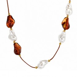 Necklace with Baroque Pearls & Amber Drops on Brown Cord