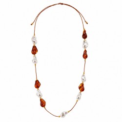 Necklace with Baroque Pearls & Amber Drops on Brown Cord