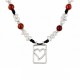Necklace with Silver Heart Tag & Red, White Beads Black Cord