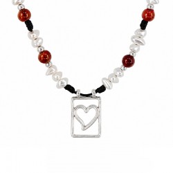 Necklace with Silver Heart Tag & Red, White Beads Black Cord