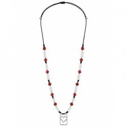 Necklace with Silver Heart Tag & Red, White Beads Black Cord