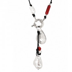 Necklace with Red Tubes, Silver Drop & Toggle Clasp