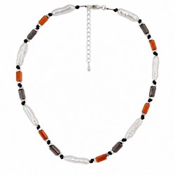 Necklace with Baroque Pearls, Amber Tubes & Black Knots