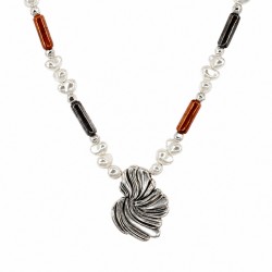 Necklace with Silver Shell, Pearls & Tubes on Black Cord