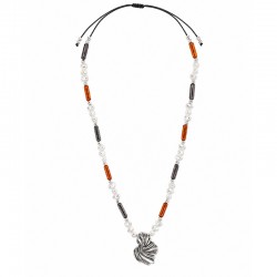 Necklace with Silver Shell, Pearls & Tubes on Black Cord