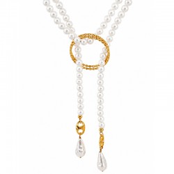 Lariat Necklace with White Pearls, Gold Ring & Pearl Drops