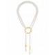 Lariat Necklace with White Pearls, Gold Ring & Pearl Drops