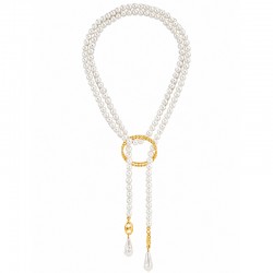 Lariat Necklace with White Pearls, Gold Ring & Pearl Drops