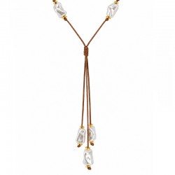 Necklace with Baroque Pearls & Lariat Tie on Brown Cord