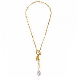Necklace with Gold Chain, Heart Charm & Baroque Pearl Drop