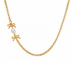 Necklace with Gold Chain, Bow Charms & Round Pearls
