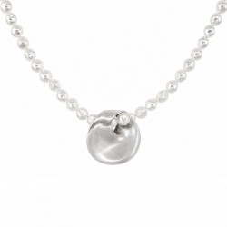 Necklace with Round White Pearls & Hammered Silver Pendant
