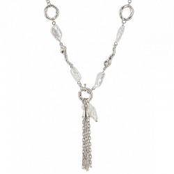 Necklace with Baroque Pearls, Silver Rings & Chain Tassel