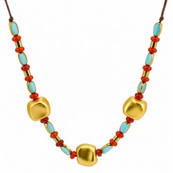 Necklace with Gold Beads, Turquoise Glass & Red Beads