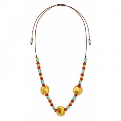 Necklace with Gold Beads, Turquoise Glass & Red Beads
