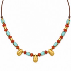 Necklace with Gold Drops, Turquoise-Red Beads on Brown Cord