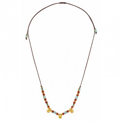 Necklace with Gold Drops, Turquoise-Red Beads on Brown Cord