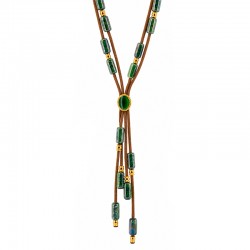 Necklace with Green Glass Tubes & Gold Oval on Brown Cord