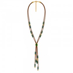 Necklace with Green Glass Tubes & Gold Oval on Brown Cord