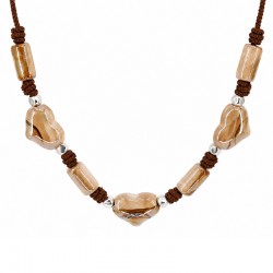 Necklace with Beige Ceramic Beads & Heart on Brown Cord
