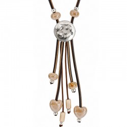 Necklace with Silver Disc, Beige Hearts & Brown Cords
